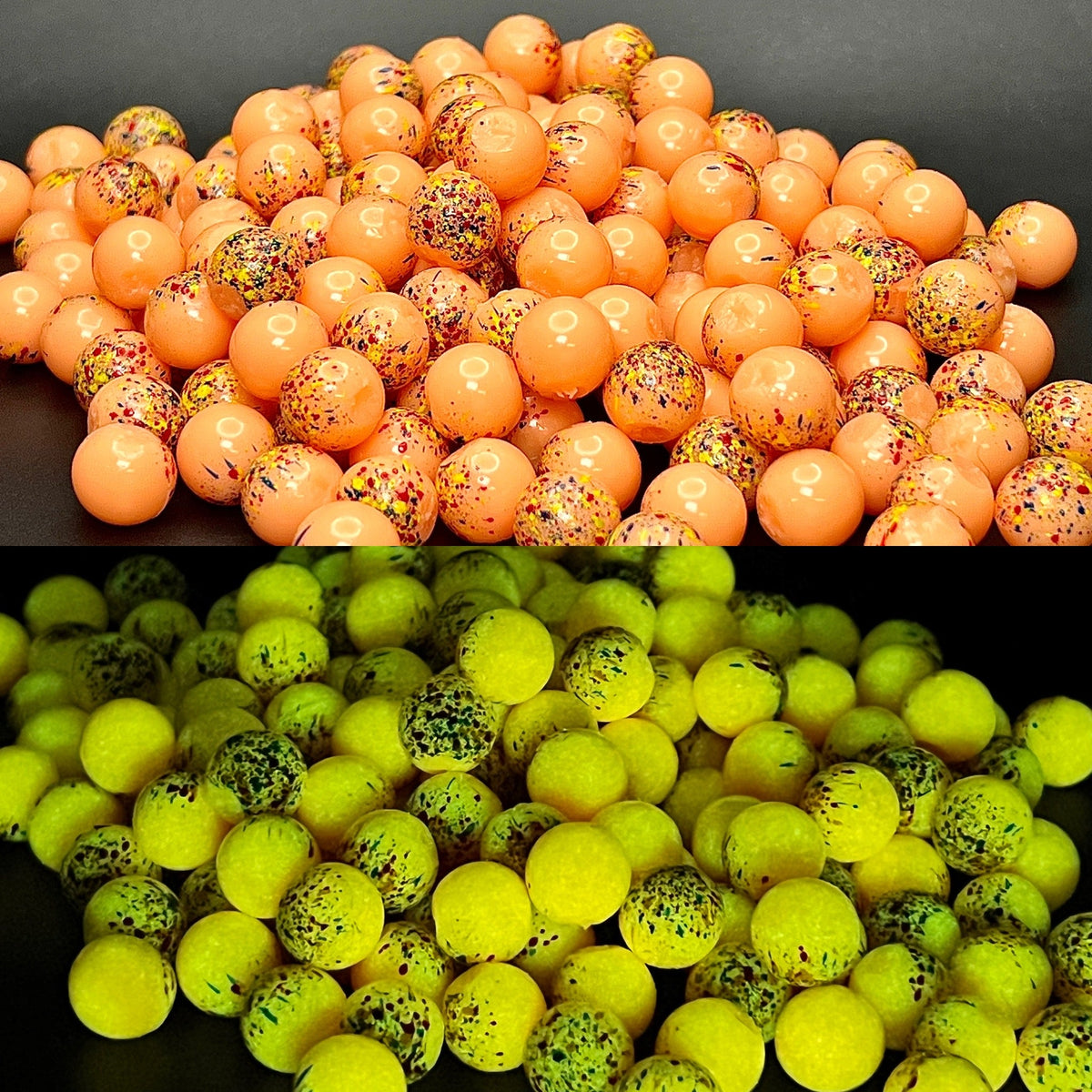 Oneder Peach UV & Glow Soft Beads | RMA x Death Roe shown under regular light and glowing