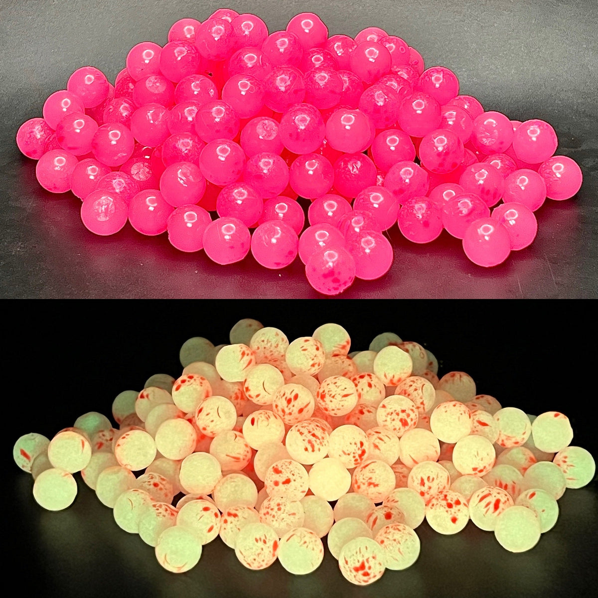 Teddy Berry UV & Glow Soft Beads | RMA x Death Roe shown under regular light and glowing