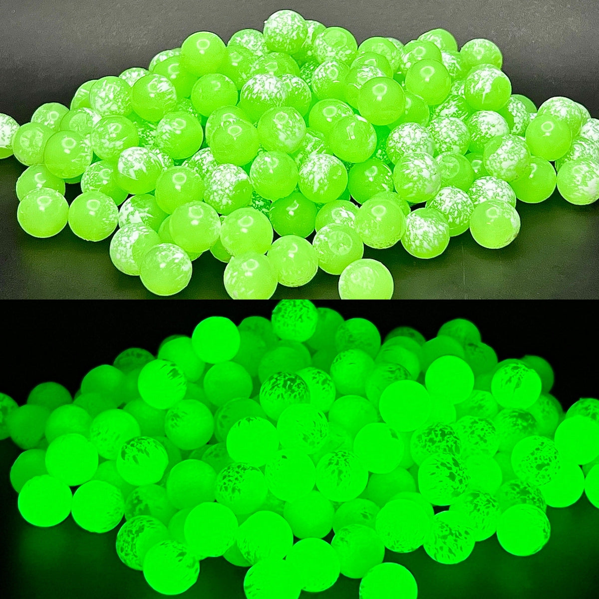 Gooseberry UV & Glow Soft Beads | RMA x Death Roe shown under regular light and glowing