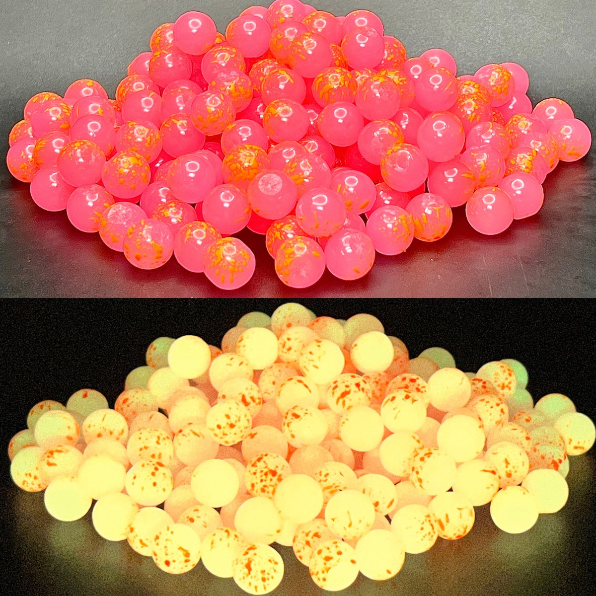 Sugar Daddy UV & Glow Soft Beads | RMA x Death Roe shown under regular light and glowing